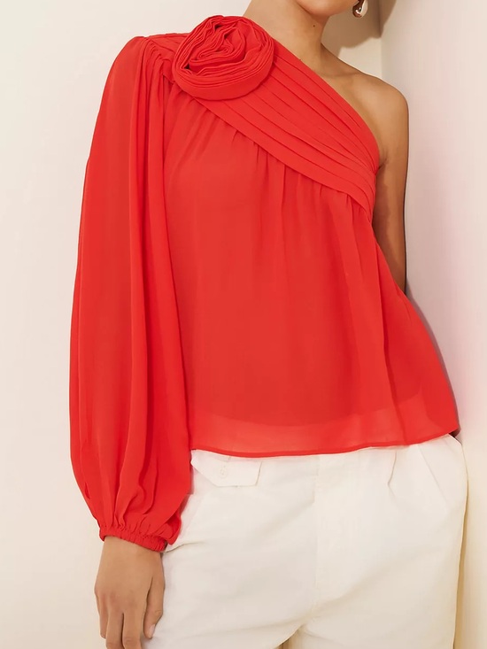 FARM Rio Tops - FARM Rio Rose One Shoulder Rosette Pleated Chiffon Blouse Coral Red Size M